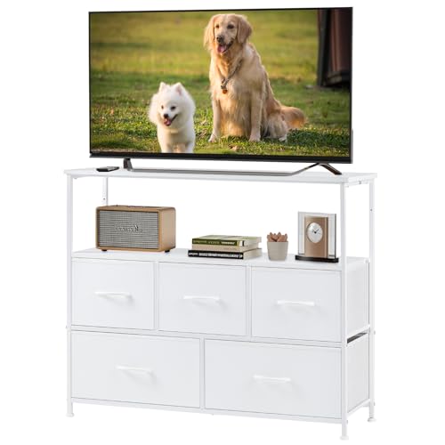 TV Stand Dresser, Media Console, Storage Drawers (White | Metal)