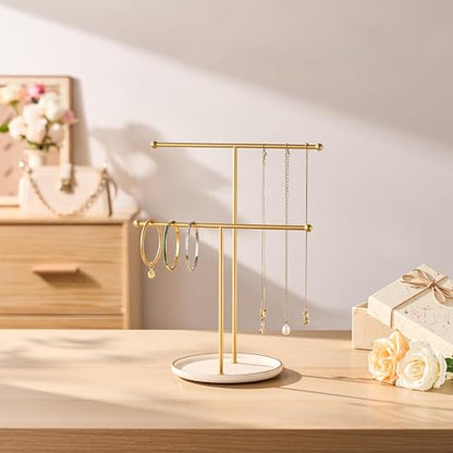 Jewelry Stand with Ceramic Tray, Necklace Holder, Gold Bar White Base | Ceramic Base, Gift for Women & Girls, Hanging Necklace Organizer Tree, Earrings, Bracelets, Rings, small