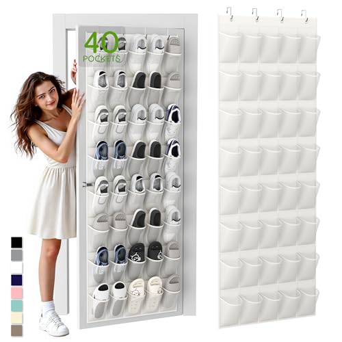 Over the Door Shoe Organizer with 40 Large Breathable Mesh Pockets, Space Saving Shoe Holder, Hanging Shoe Rack for Entryway Bedroom Closet Storage (White, 40 Pockets)
