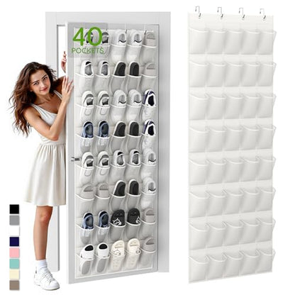 Over the Door Shoe Organizer with 40 Large Breathable Mesh Pockets, Space Saving Shoe Holder, Hanging Shoe Rack for Entryway Bedroom Closet Storage (White, 40 Pockets)