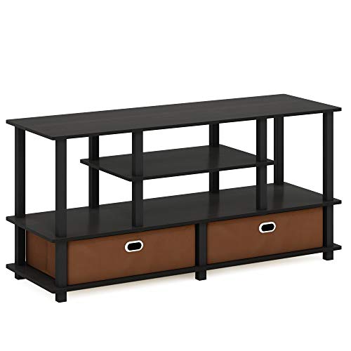 Furinno Jaya Toolless Assembly TV Stand for TV up to 55 Inch, 4-Tier Entertainment Center, TV Console with 2 Storage Bins, for Living Room, Bedroom, Home Office, Black Espresso