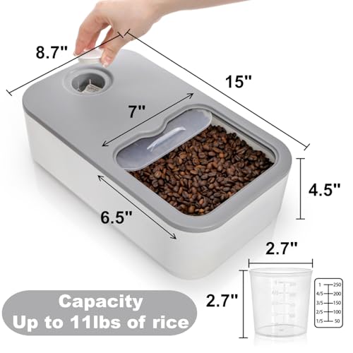 Rice Storage Container, 11 Lbs Plastic Airtight Rice Dispenser with Measuring Cup, Dry Food Storage Bucket Box with Lid, Flour Bin Pet Food Container, Kitchen Organizer for Grain Cereal, White