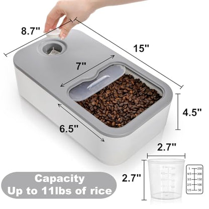 Rice Storage Container, 11 Lbs Plastic Airtight Rice Dispenser with Measuring Cup, Dry Food Storage Bucket Box with Lid, Flour Bin Pet Food Container, Kitchen Organizer for Grain Cereal, White