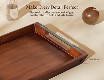 Acacia Wood Serving Tray with Metal Handle, 17x13in Tray for Ottoman | Decorative Food & Drink Tray for Coffee Table, Breakfast, Dinner, BBQ, Party, Lap, Couch, Rustic Home Decor, Elegant Gift Box