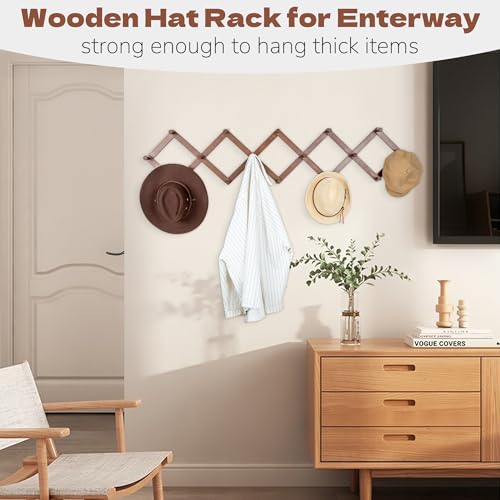 Accordion Wall Hanger, Wooden Hat Rack with 16 Hooks | Expandable Peg Hat Organizer, Decorative Coat Rack, Hanging Baseball Caps, Bags, Scarves for Wall (Walnut)