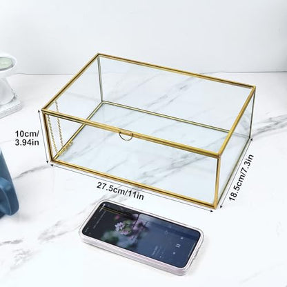 Vintage Glass Box with Lid - Clear Jewelry Glass Display Box Keepsake Box - Home Decor Decorative Box for Trinket Rings Bracelet (Gold, Large)
