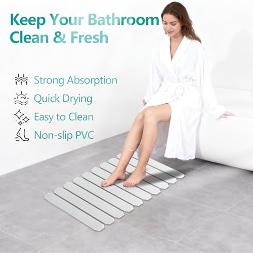 Foldable Stone Bath Mat, Diatomaceous Earth Mat, Quick Dry Slatted Shower Mat, Non-Slip Bathroom Floor Mat with Portable Design for Tub, Sink, and Entryway – 23.8" x 15.3", Gray White