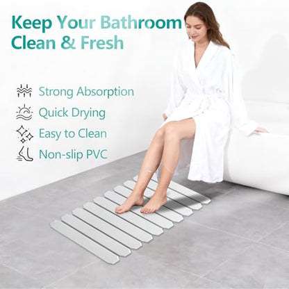 Foldable Stone Bath Mat, Diatomaceous Earth Mat, Quick Dry Slatted Shower Mat, Non-Slip Bathroom Floor Mat with Portable Design for Tub, Sink, and Entryway – 23.8" x 15.3", Gray White
