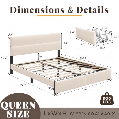 Queen Bed Frame with 2 Storage Drawers, Beige Velvet Upholstered