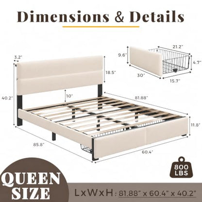 Queen Bed Frame with 2 Storage Drawers, Beige Velvet Upholstered