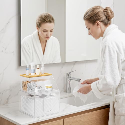 Acrylic Disposable Face Towel Holder, Clean Container for Skin Club, Clear | Bathroom Facial Towels Box for XL Clean Skin Club, Face Towels Wipes Cotton Pads Q-tip Holder for Bathroom, Bamoo Lid