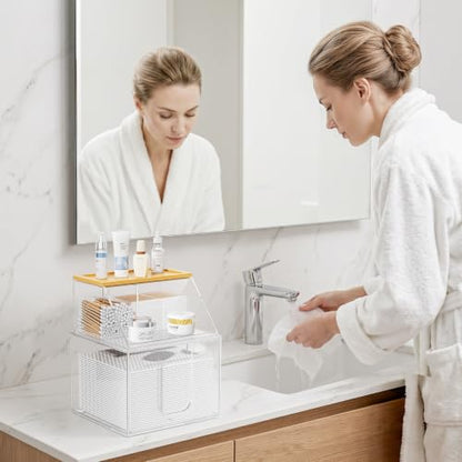 Acrylic Disposable Face Towel Holder, Clean Container for Skin Club, Clear | Bathroom Facial Towels Box for XL Clean Skin Club, Face Towels Wipes Cotton Pads Q-tip Holder for Bathroom, Bamoo Lid