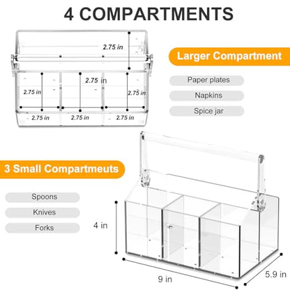 Acrylic Utensil Caddy.Silverware Organizer For Picnic Party | Heavy-Duty Utensils and Paper Plate Holder for Spoons,Forks,Knives Napkins,Plates,Space-Saving Table,Buffet & Party Essential
