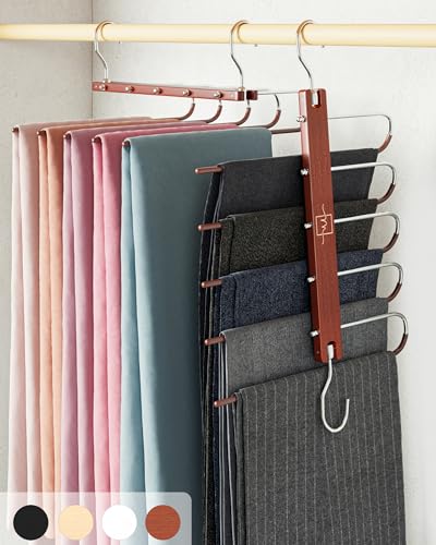 Pants Hangers Space Saving - 2 Pack European Beechwood Scarf and Jean Hangers - Closet Organizer and Space Saver Pant Rack, Leggings Hanger, and Scarf Holder with 360° Swivel Hook