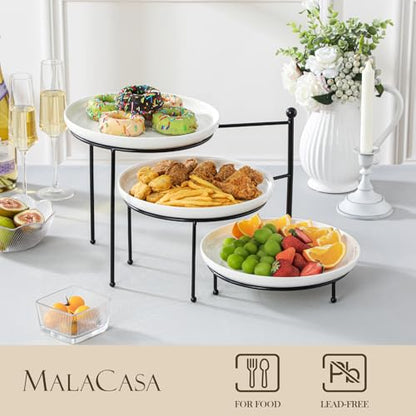 MALACASA White 3 Tier Serving Tray Stand with Black Rack, 10 Inch Porcelain Tiered Dessert Stand for Cupcakes, Cakes, Fruit & Appetizers, Ceramic Serving Platter for Party, Wedding & Tea Party