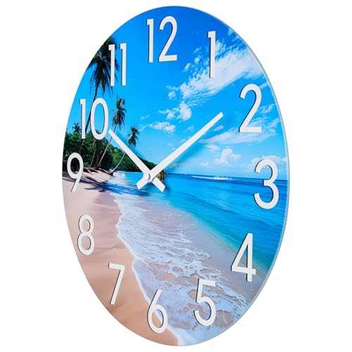 JoFomp Beach Outdoor Clocks for Patio, Large Outdoor Clocks Waterproof 14 Inch with Glass, Outdoor Wall Clocks Battery Operated, Pool Clock Outdoor Weatherproof, Outside Clock for Backyard/Garden