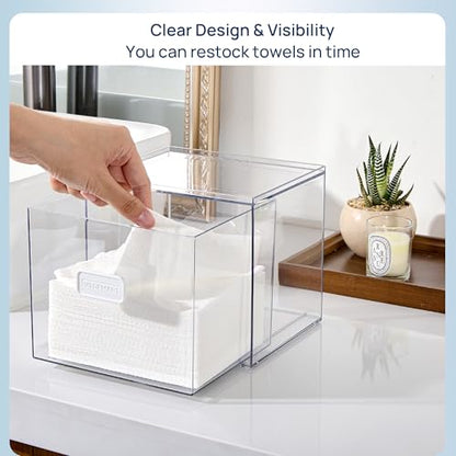 Vtopmart Disposable Facial Towels Holder,Clear Storage Drawer Compatible with Clean Skin Club Towel XL,Acrylic Box Hold 50 Count,Stylish and Functional Bathroom Accessory for Coutertop Organization