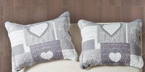 Brilliant Sunshine Grey Heartlove Pillowshams Set, 20"x26"+2" | Patchwork Design, Quilted Standard Pillowcases, Washable Scallop Edge Pillow Covers, Pack of 2