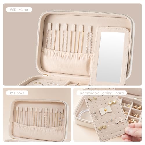 Lolalet Travel Jewelry Case for Women Girls -Medium, White | Jewelry Box Organizer for Travel Essentials, Mirror & Clear Storage Bag, Earring Necklace Bracelet Ring Holder, Mother's Gift