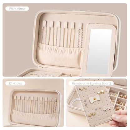Lolalet Travel Jewelry Case for Women Girls -Medium, White | Jewelry Box Organizer for Travel Essentials, Mirror & Clear Storage Bag, Earring Necklace Bracelet Ring Holder, Mother's Gift