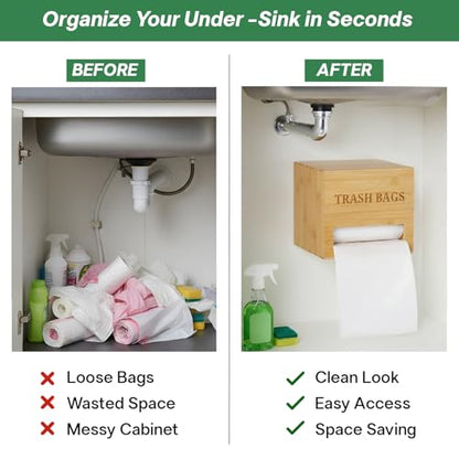 Trash bag holder dispenser | Bamboo garbage bag holder dispenser for Under Sink Storage | Wall Mount trash bag holder | Portable Hanging Organizer for Kitchen & Utility Use