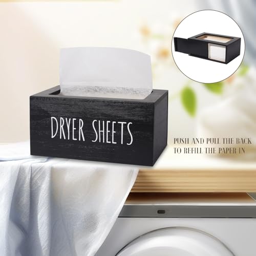 Laundry Dryer Sheet Container Wood Detergent Dispenser Holder, Black | Lightweight，Easy Open, Easy clean, Dryer Balls Dispenser Wood Storage Organization Box for Laundry Room, Bathroom, Kitchen