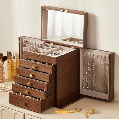 Black Walnut Wooden Jewelry Box for Women, 6 Layer | Locking Large Wood Jewelry Organizer with 2 Side Doors & Mirror, For Watch Necklace Ring Earring, Velvet-Lined, Gift
