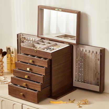 Black Walnut Wooden Jewelry Box for Women, 6 Layer | Locking Large Wood Jewelry Organizer with 2 Side Doors & Mirror, For Watch Necklace Ring Earring, Velvet-Lined, Gift