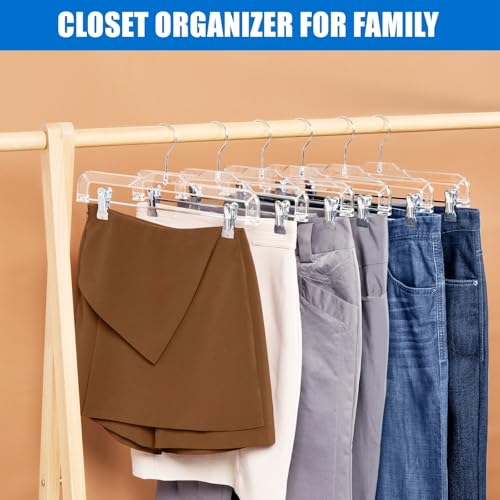 Amber Home 24 Pack Clear Plastic Pants Hangers with 2 Adjustable Clips | Non-Slip Skirt Hangers with 360 Degree Rotatable Hook, Crystal Clear Clothes Hangers for Jeans, Slacks & Shorts