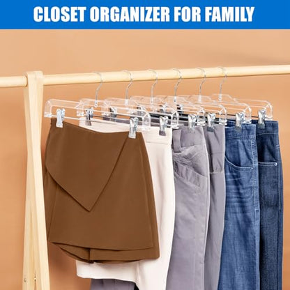 Amber Home 24 Pack Clear Plastic Pants Hangers with 2 Adjustable Clips | Non-Slip Skirt Hangers with 360 Degree Rotatable Hook, Crystal Clear Clothes Hangers for Jeans, Slacks & Shorts