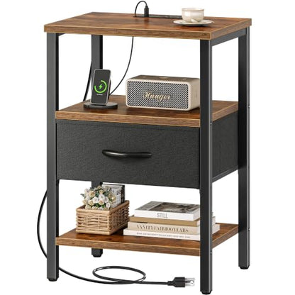 SUPERJARE Nightstand with Charging Station, Bed Side Table with Adjustable Fabric Drawer, Night Stand for Bedroom, 3-Tier Storage End Table, for Living Room, Rustic Brown and Black