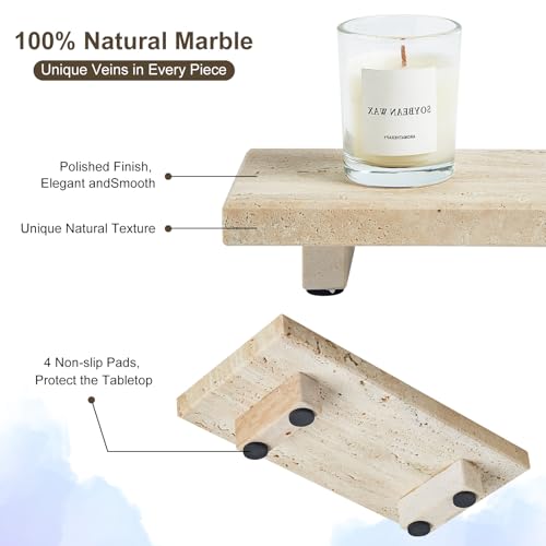 Natural Travertine Tray Pedestal Stand, Stone Riser for Bathroom & Kitchen | Stone pedestal riser, unique veining. Hand-polished, waterproof. Soap & vanity display. Perfume & candle catchall. Non-slip.