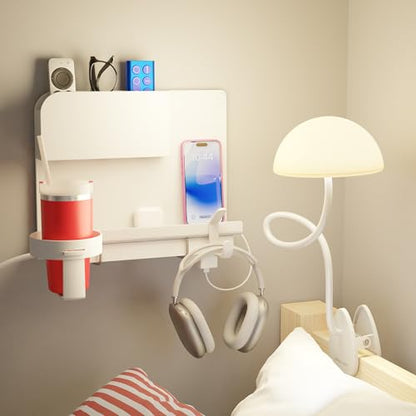 2-Pack: WallShelfie & Shroommate - Bedside Wall Organizer with Shroommate Clip On Light Bundle - Dorm Room Essential, Floating Bedside Shelf Wall Mount, Clip on for Desk, Remote Holder