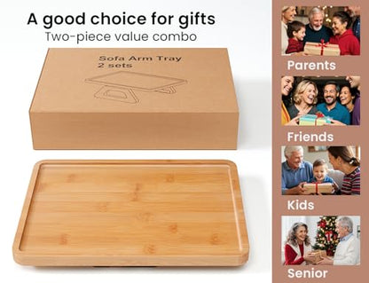 2 Pack Bamboo Couch Arm Tray,Folding Sofa Armrest Table（Natural） | Clip-On Couch Desk,Foldable, high load-bearing, Non-slip, no assembly，easy to wipe clean，Natural bamboo,Gift box