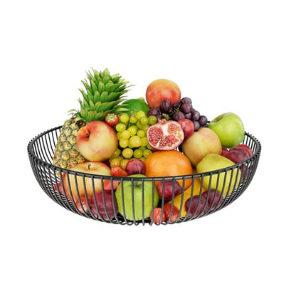 Simple Trending Round Metal Fruit Basket Bowl for Kitchen Counter - Rust-Proof, Non-Slip & Breathable Wire Organizer for Fruits, Veggies, Snacks, Black (11“ Diameter x 3.2” H)