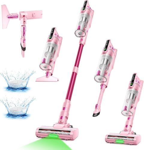 Trucozie Cordless Vacuum Cleaner, Self-Standing Lightweight Stick Vacuum with 50 mins Runtime, Powerful Suction, Anti-Tangle Wireless Vacuum for Home, Hardwood Floor, Carpet, Pet Hair, Pink
