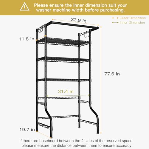 U11 Over Washer and Dryer Shelves, 3 Tiers Laundry Room Storage and Organizer Standing Shelf, Metal Freestanding Clothes Drying Rack, 33.9" W x 19.7" D x 77.6" H, Black