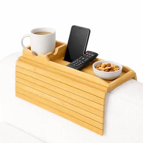 Wooden Sofa Arm Tray for Couch, Cup Holder & Armrest Organizer – Non-Slip Couch Arm Tray, Couch Cup Holder for Drinks, Snacks & Remotes – Flexible Couch Tray for Drink, Armrest for Living Room