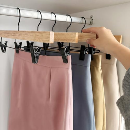 Nature Smile Deluxe Wooden Pants Hangers,Solid Rubber Wood Jeans Skirt Hanger with Black Adjustable Clips and Rotatable Hook Pack of 10(Natural Varnished)
