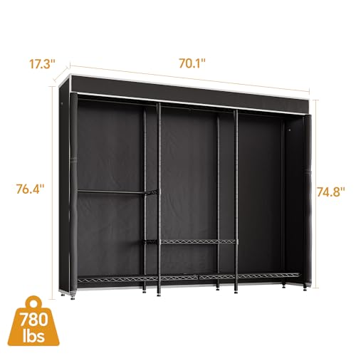 Higeego H8 Heavy Duty Clothes Rack with Cover, Black Portable Closet | Garment Rack with Cover, Clothing Rack for Hanging Clothes, Black Closet Rack with Oxford Dustproof Cover, Closet Organizer