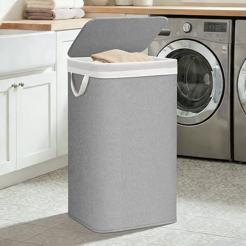 STORAGE MANIAC Metal Frame Laundry Hamper with Lid, 23.7 Gal Tall Laundry Baskets with Removeable Bag, Large Clothes Hamper with PU Tag, Laundry Bin for Dorm, Collage, Bathroom, Bedroom, Gray