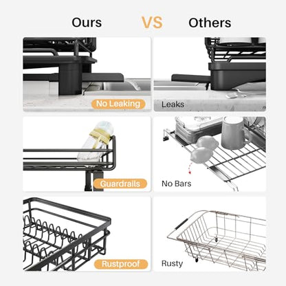 Expandable Dish Drying Rack for Kitchen Counter, Stainless Steel, Black | Foldable Over Sink, Large Capacity, Adjust to Fit Most Sinks, Angled Drainboard, Removable Utensil Holder, Slip Resistant