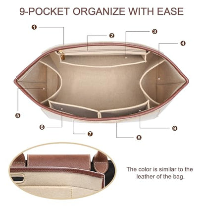 Felt Purse Organizer Insert for Longchamp Le Pliage L Bag Handbag Leather edge Longchamp Organizer Insert (Beige, Large)