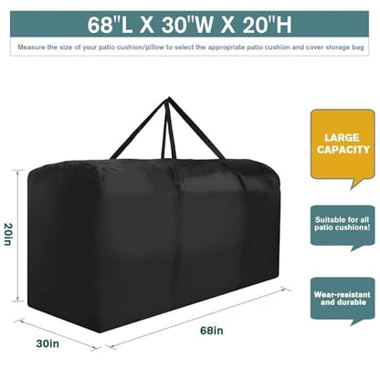 Patio Waterproof Extra Large Protective Zippered Outdoor Cushion Furniture Storage Bag with Handles, 68in L x 30in W x 20in H (1 Pack)