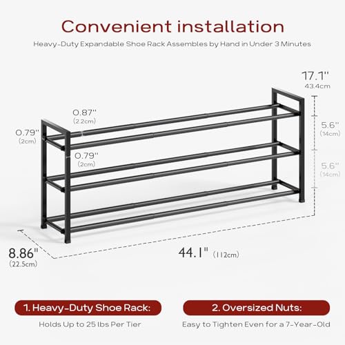 Bumusty 3 Tier Long Expandable Shoe Rack for Closet, Black | 18"-44" Adjustable Shoe Rack for Entryway, Shoe Organizer for Dorm, Front Door, Sturdy Metal
