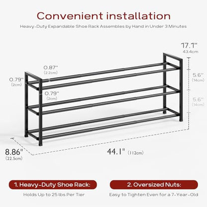 Bumusty 3 Tier Long Expandable Shoe Rack for Closet, Black | 18"-44" Adjustable Shoe Rack for Entryway, Shoe Organizer for Dorm, Front Door, Sturdy Metal