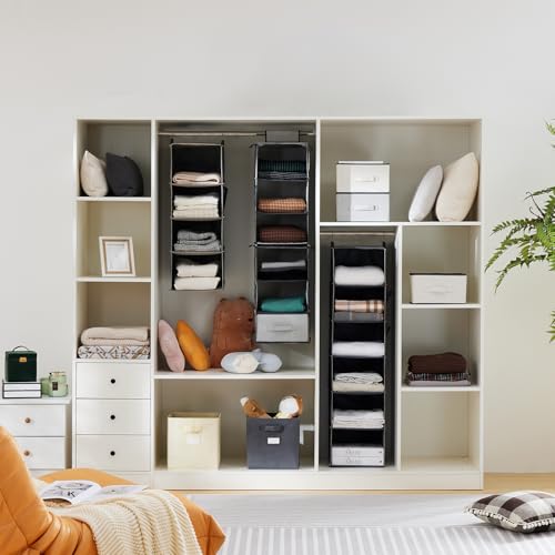 YOUDENOVA Hanging Closet Organizer and Storage for Clothes, 4-Shelf, Grey | Locker/RV/Camper Organizer, Side Pocket, Hanging Shelves for Small Closet, Dorm Room Essentials for Guys, Breathable Fabric