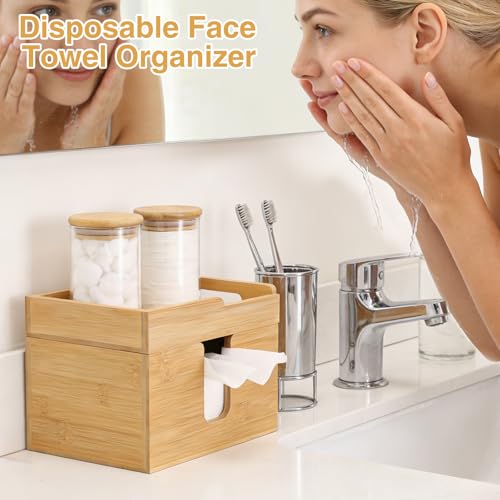 Bamboo Face Towel Holder with 120 XL Towels - Open-Top Skincare Organizer for Facial Cleansing Wipes & Beauty Essentials - Bathroom Countertop Vanity Organizer