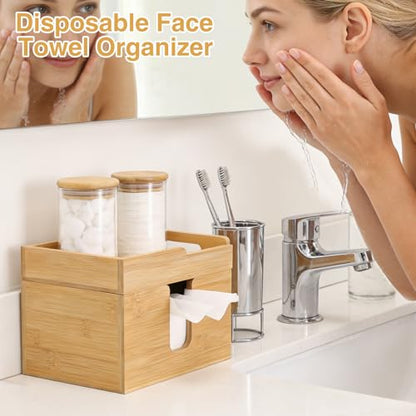 Bamboo Face Towel Holder with 120 XL Towels - Open-Top Skincare Organizer for Facial Cleansing Wipes & Beauty Essentials - Bathroom Countertop Vanity Organizer