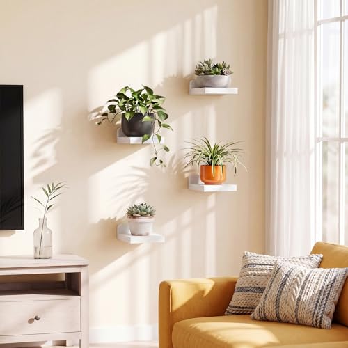 Fixwal Small Floating Shelves for Wall Decor (5Inch, Wood, White, Set of 4) | Rustic wood shelf for displaying mini frames, plants, collectibles. Fits bedroom, living room, bathroom, kitchen, or office.
